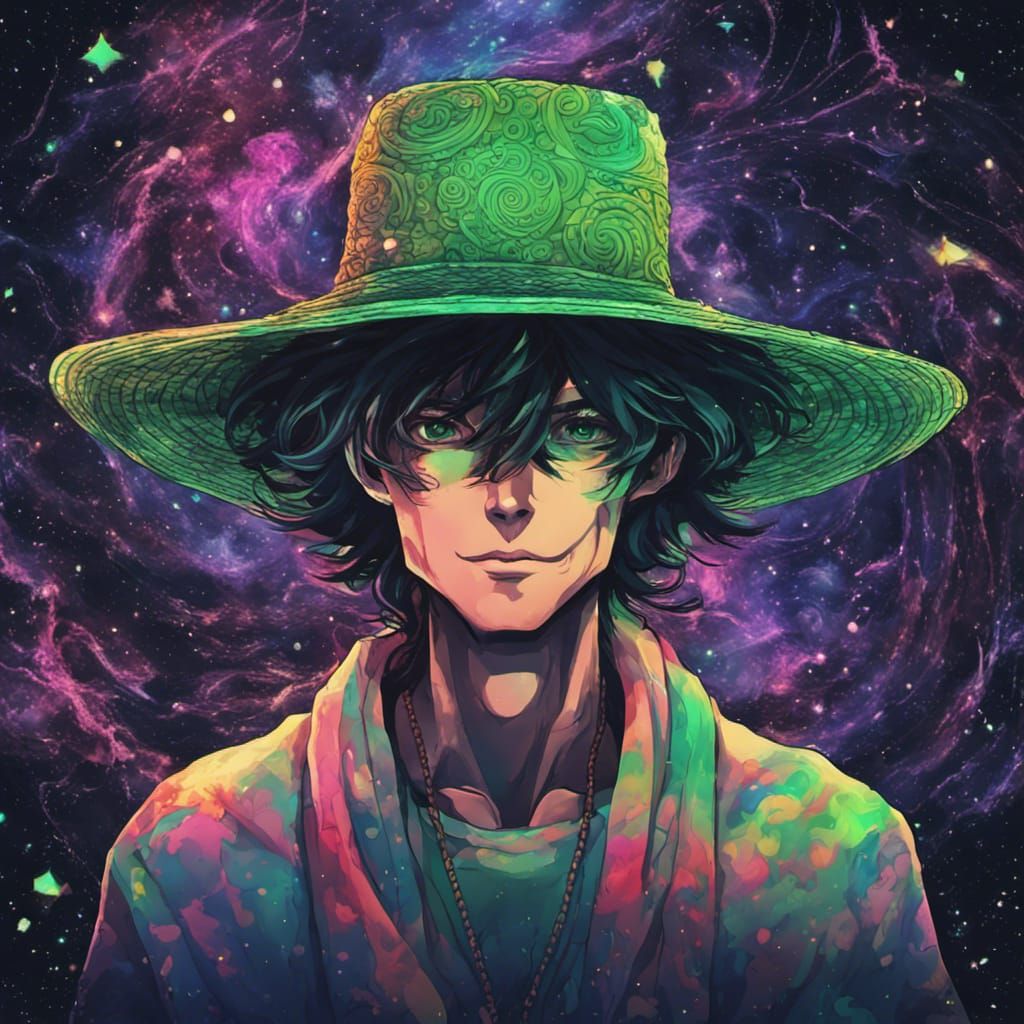 Psychedelic Anime Man in Astral Night Sky