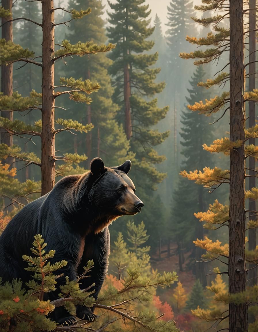 Black Bear Sniffing Air in Autumn Pine Forest