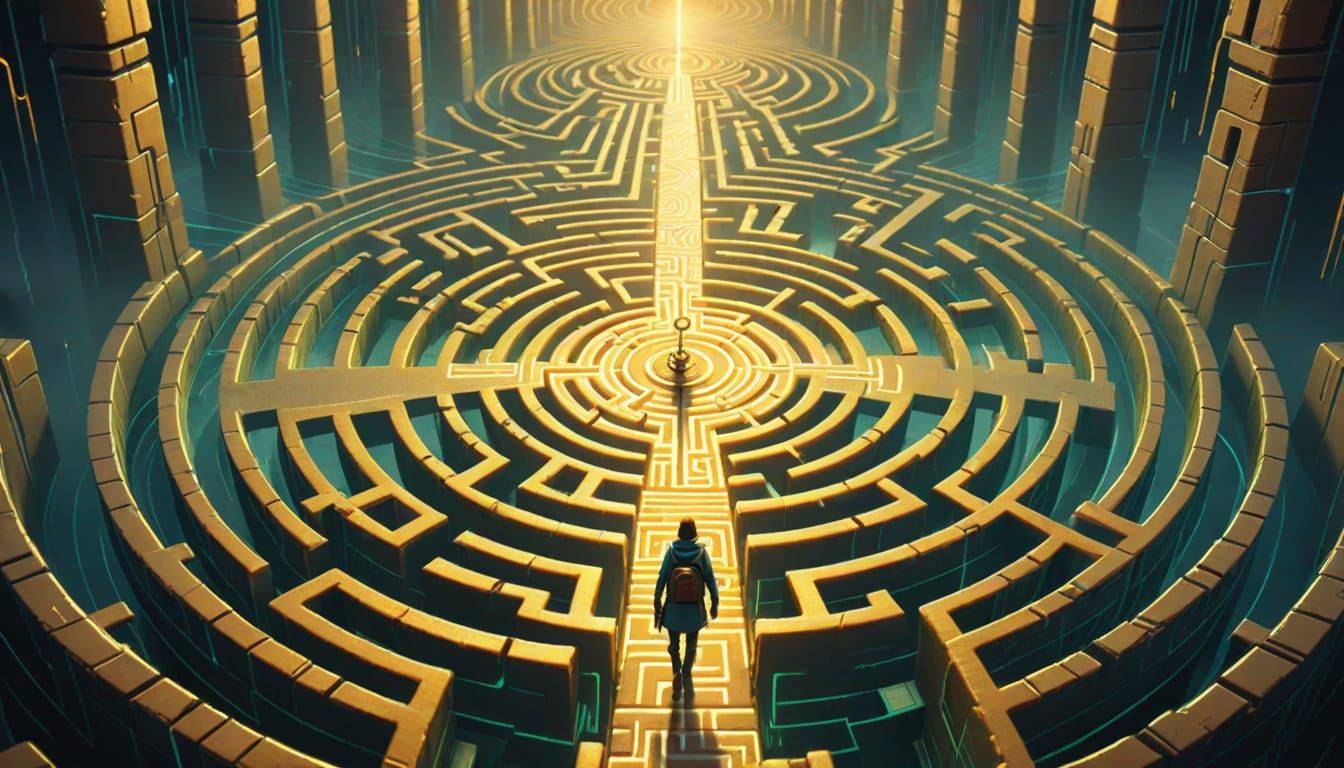 Person Navigating Maze in Sci-Fi Digital Art