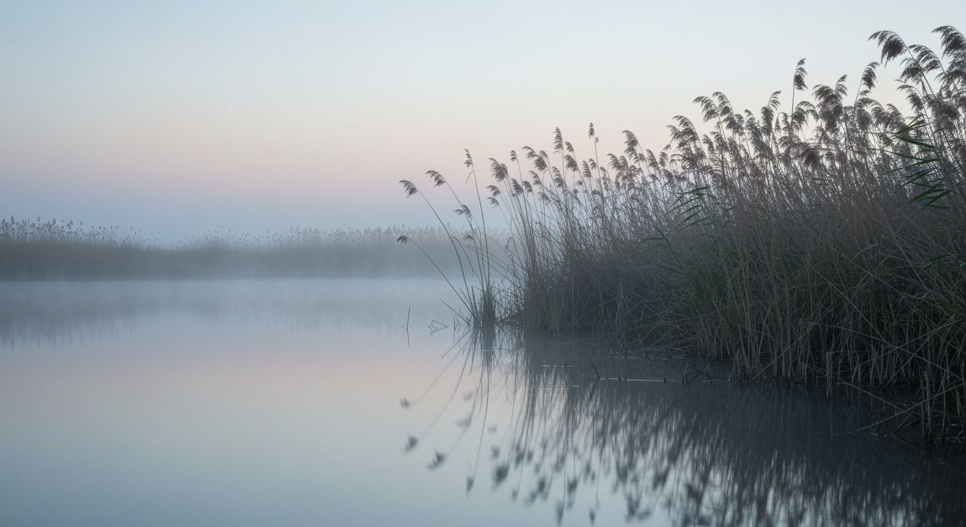 Tranquil Lake Reeds in Soft Pastel Dawn Light