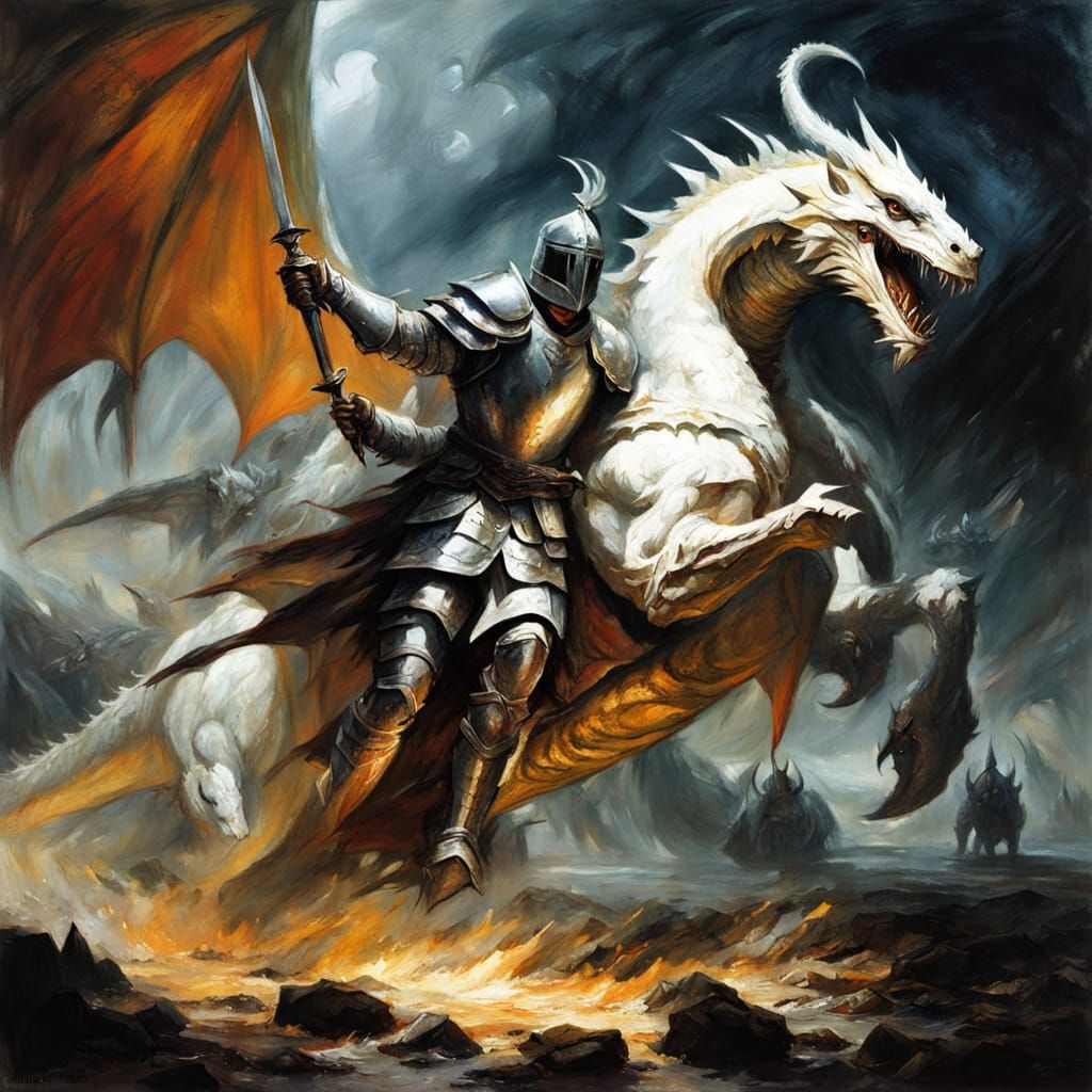 Heroic Knight Battles Majestic Dragon in Vibrant, Impressive...