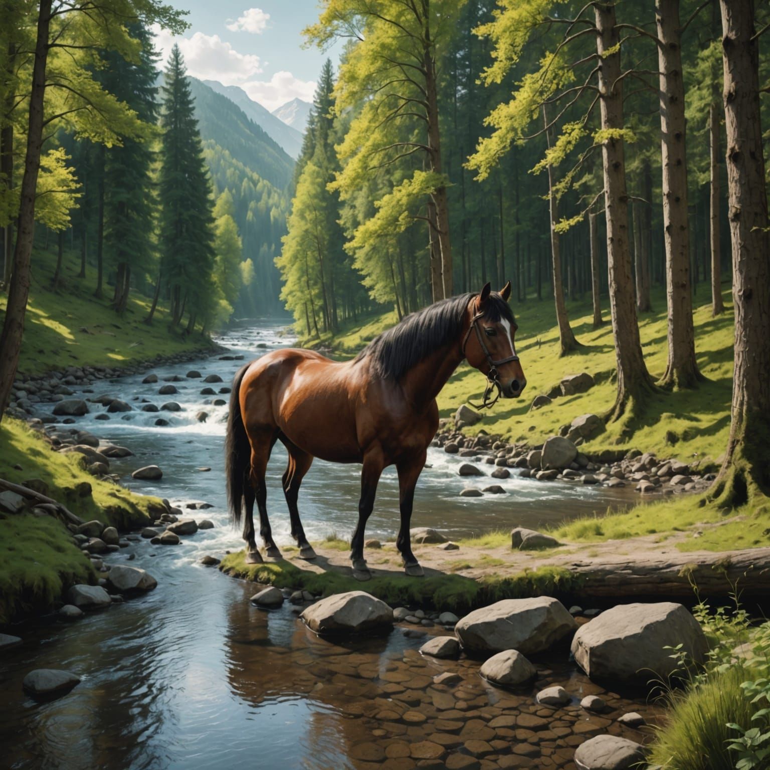Horse by River in Lord of the Rings Forest Landscape