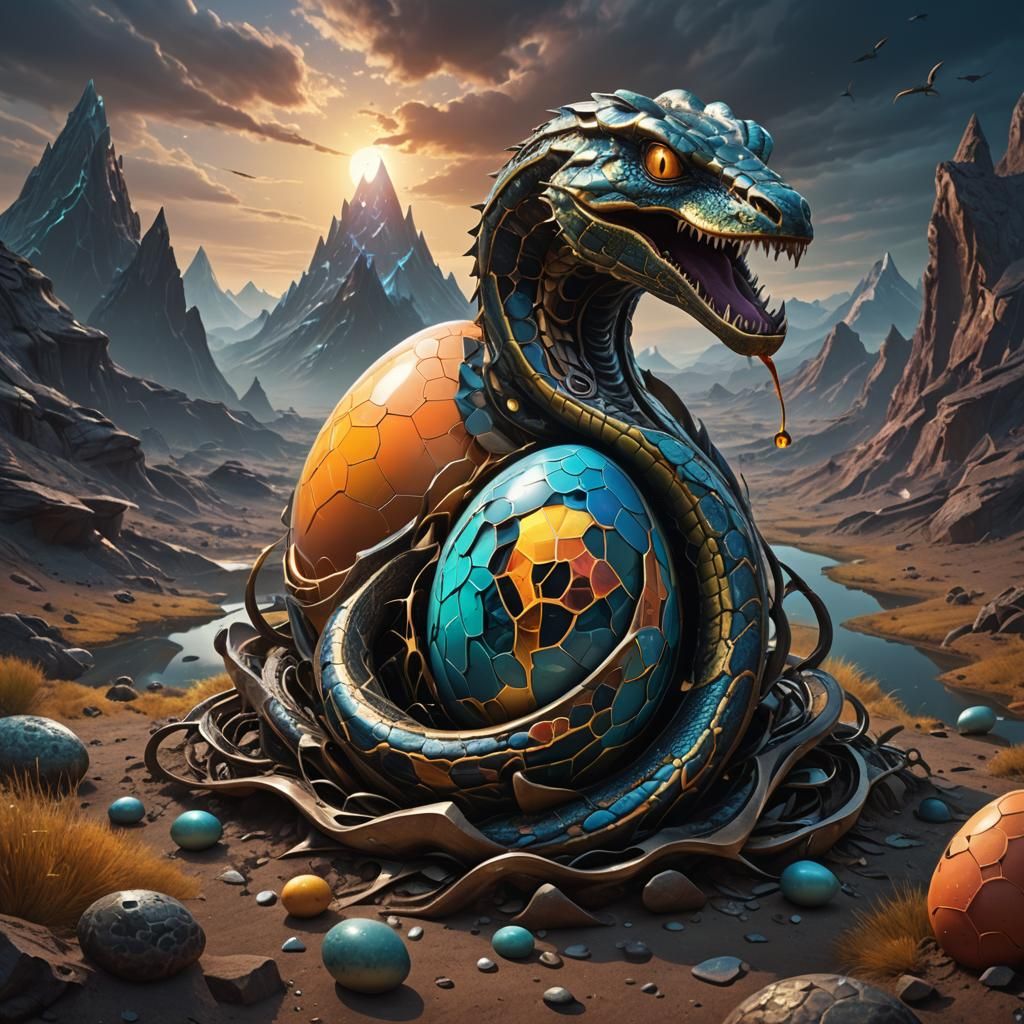 Alien Snake Hatching in Chromatic Surrealism