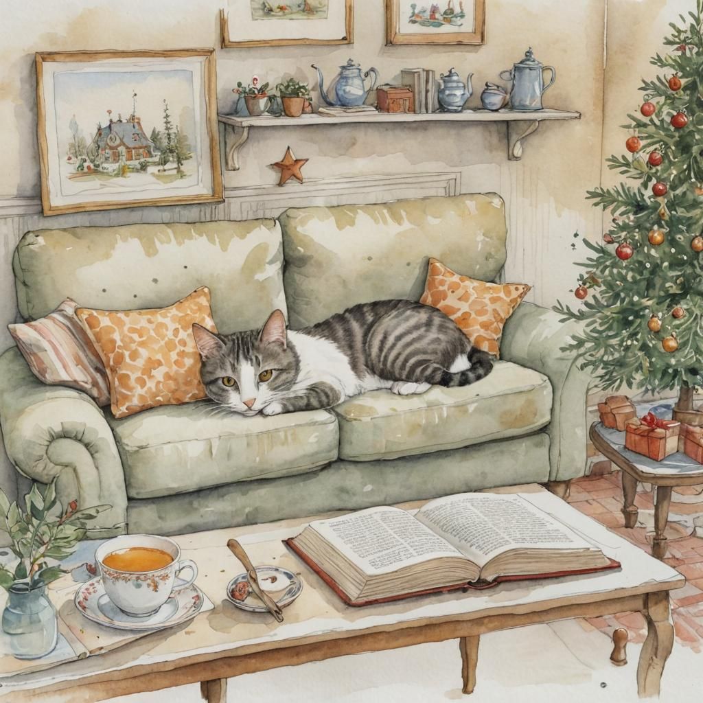 Cozy Winter Scene with Pixie and Feline Friend