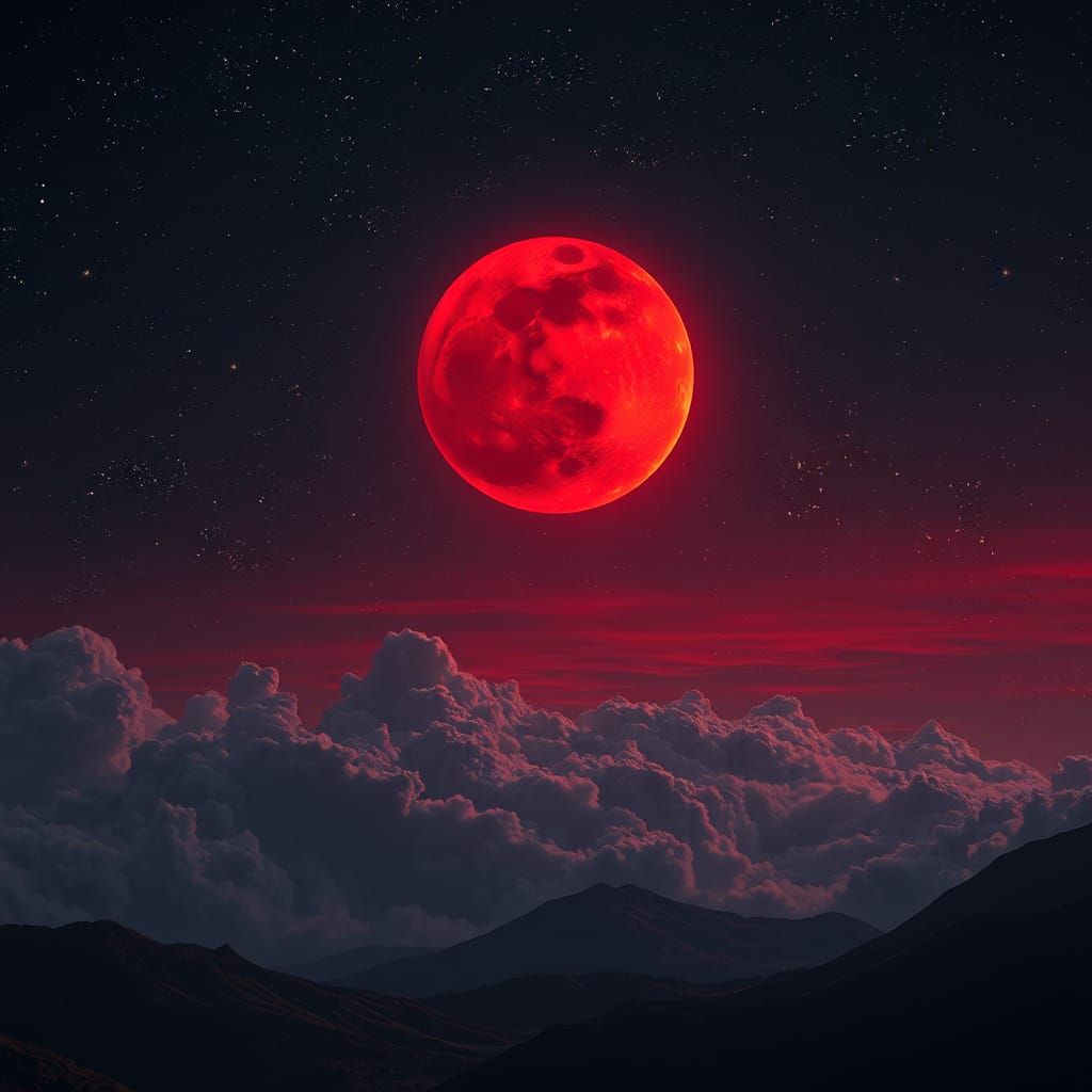 Eerie Crimson Blood Moon Over Fantasy Landscape