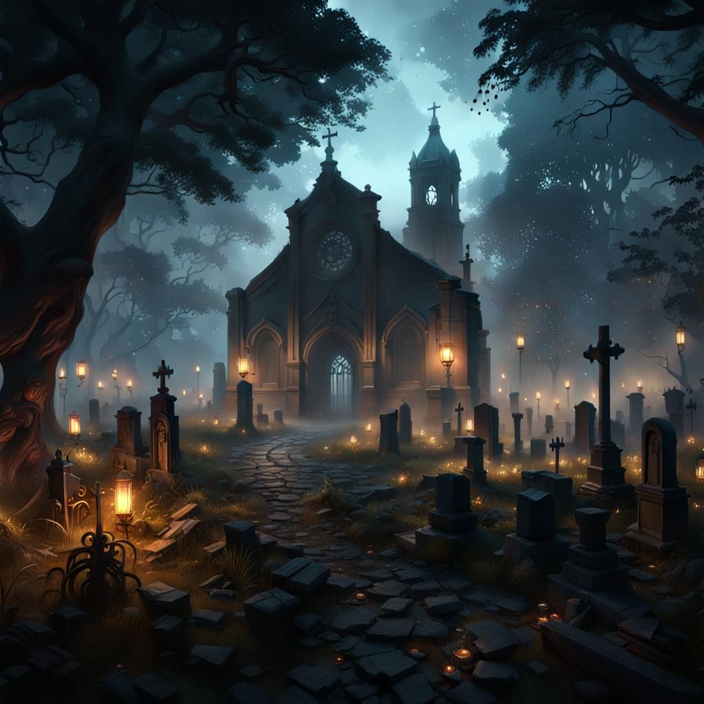 Ethereal Graveyard Scene in Dark Fantasy Style