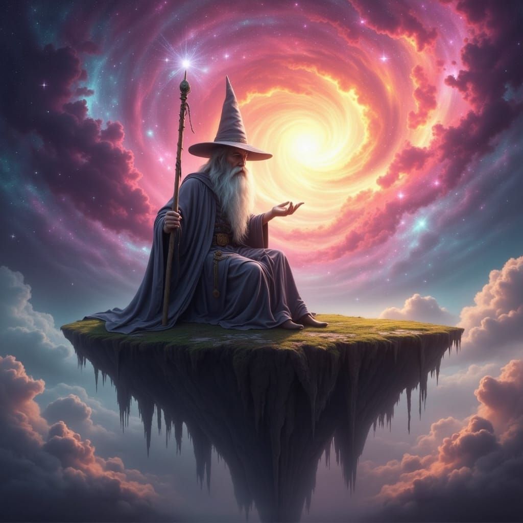 Wizard on Floating Island in Dramatic Photorealism