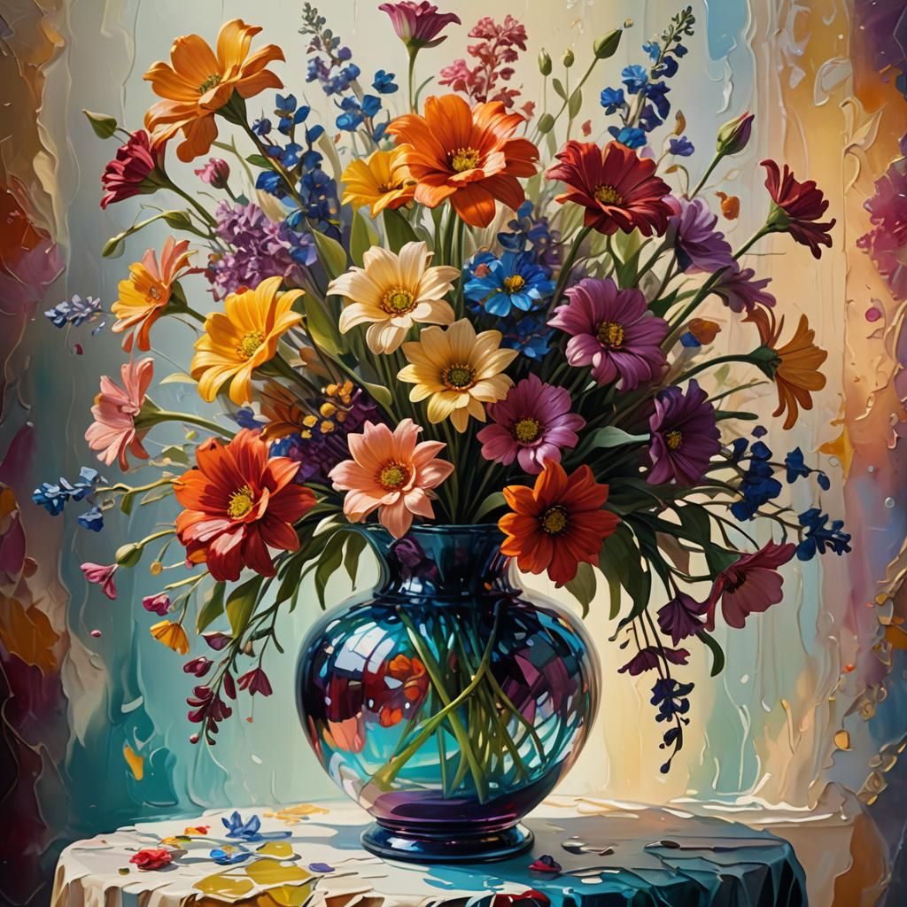 Vibrant Flowers Overflowing Vase in Art Nouveau Style