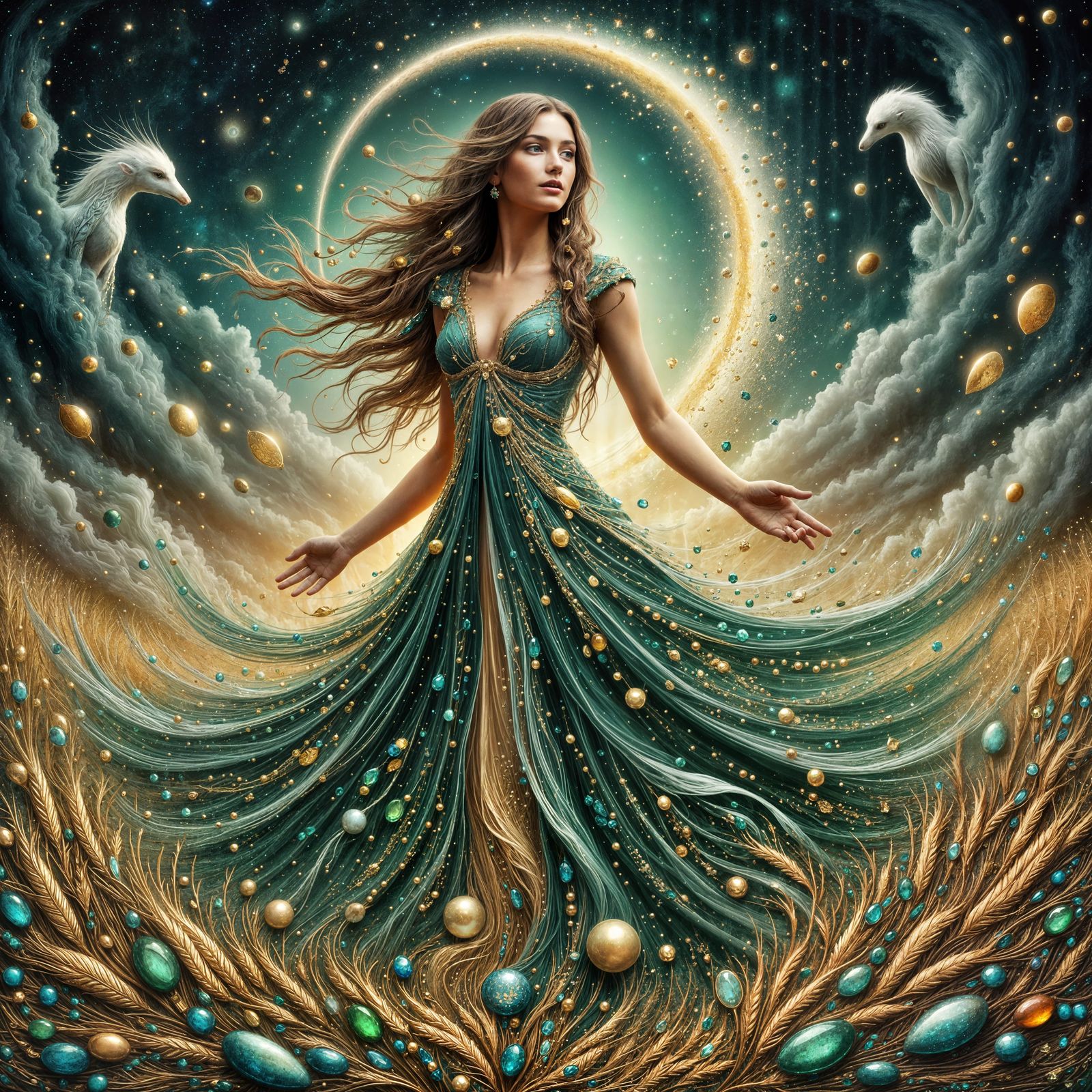 Virgo Goddess in Emerald Gown, Fantasy Art