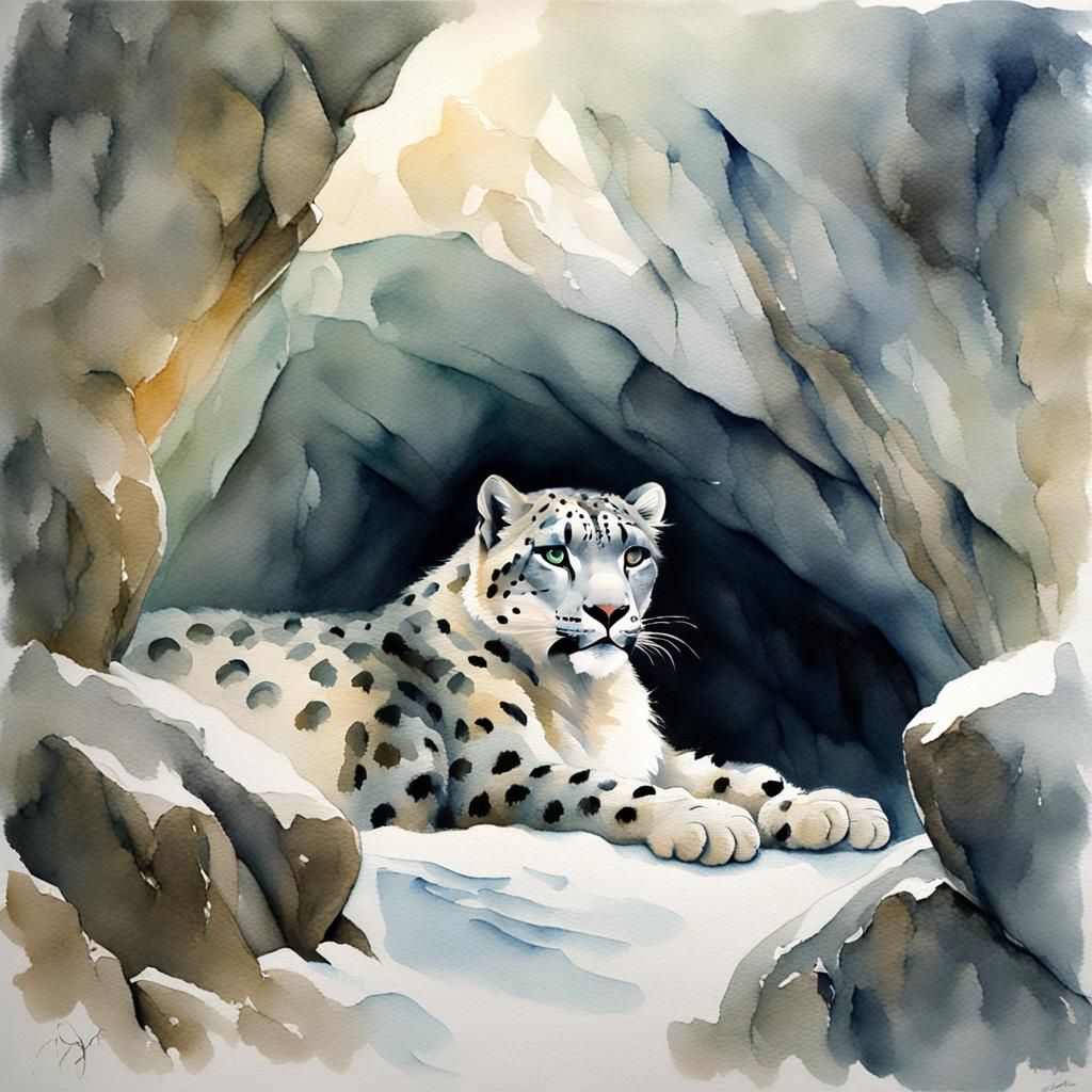 Snow Leopard in Cave: Watercolour Animal Portrait