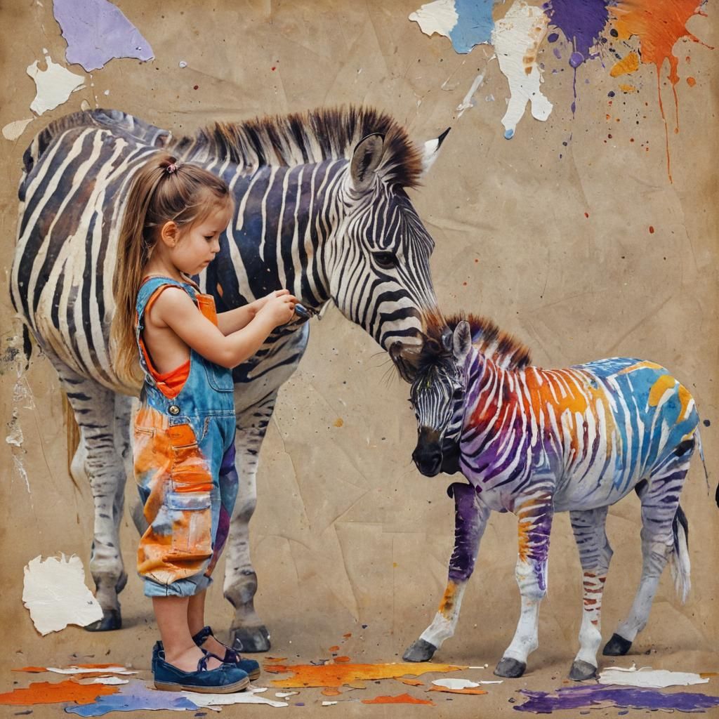 Mischiefous Girl Paints a Zebra in Vibrant Colors
