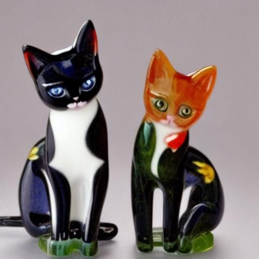 Enameled Glass Figurines: Kitten and Cat in Art Nouveau Styl...