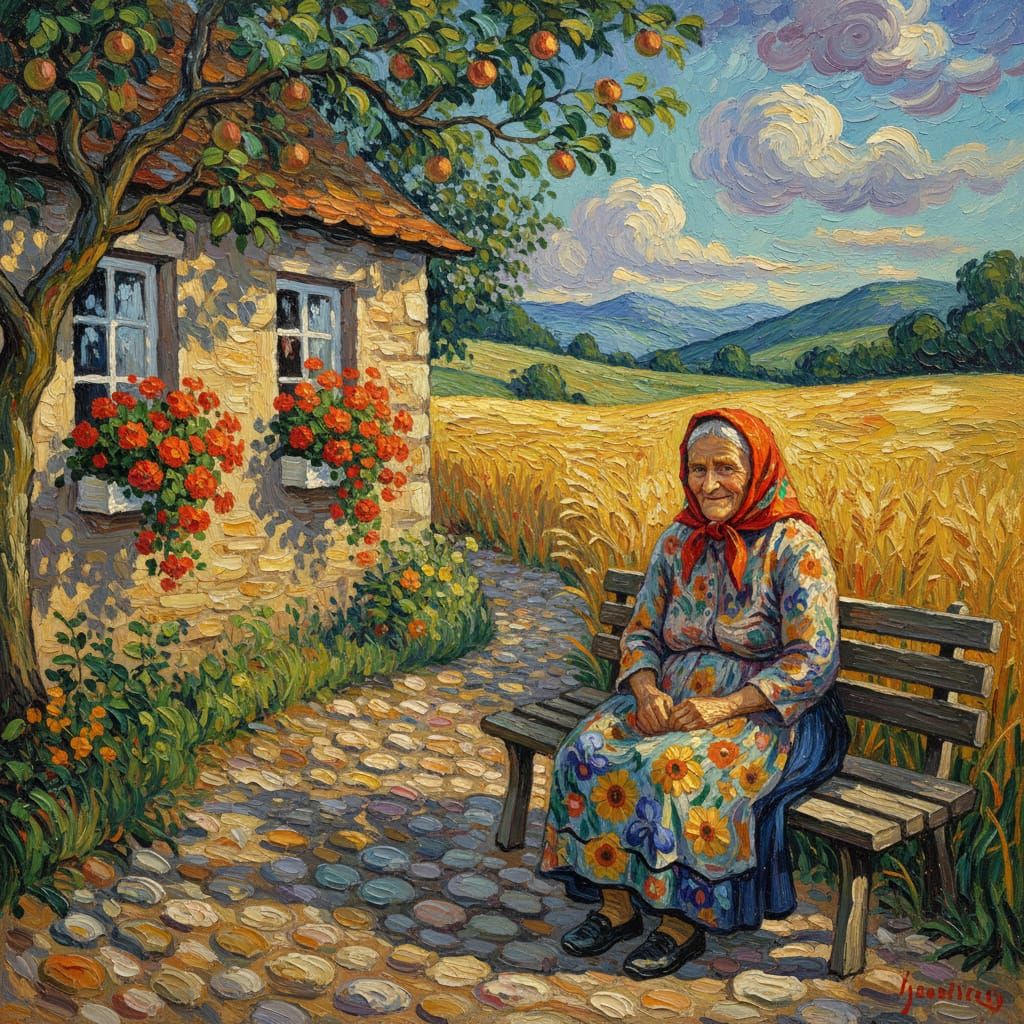 Elderly Woman in Floral Dress on Cobblestone Path