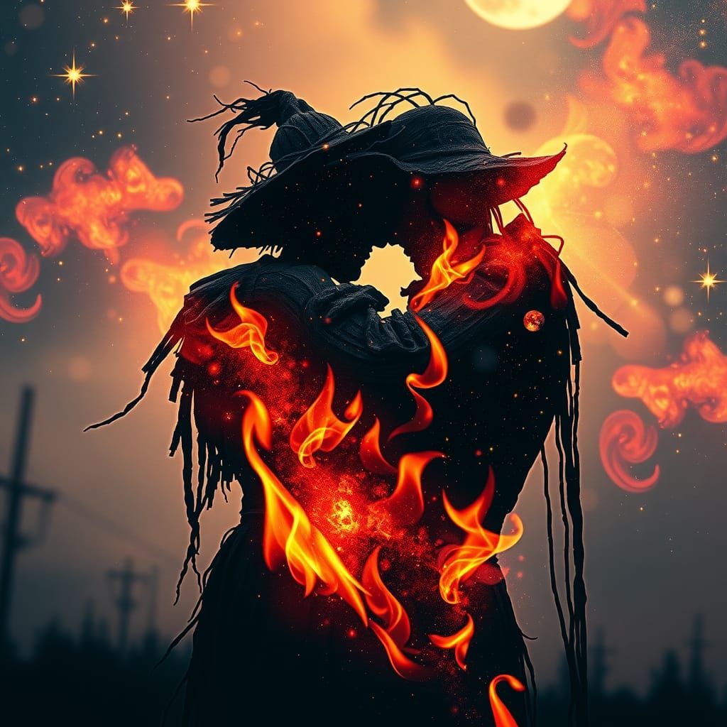 Cosmic Scarecrows Embrace in Fiery Watercolor Artwork