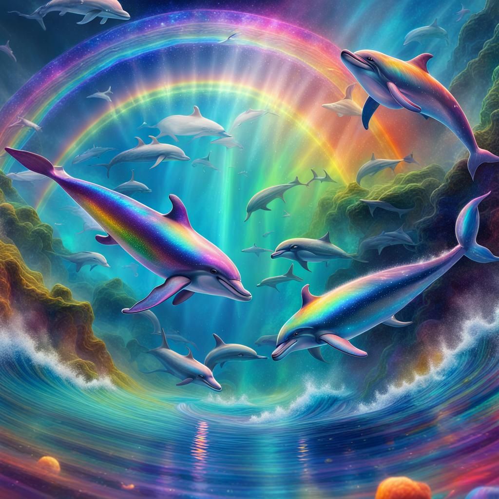 Dolphins Swimming in Rainbow: Astral Cosmic Illustration