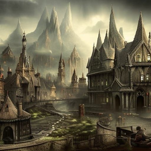 Dramatic Gothic Village Digital Matte Painting