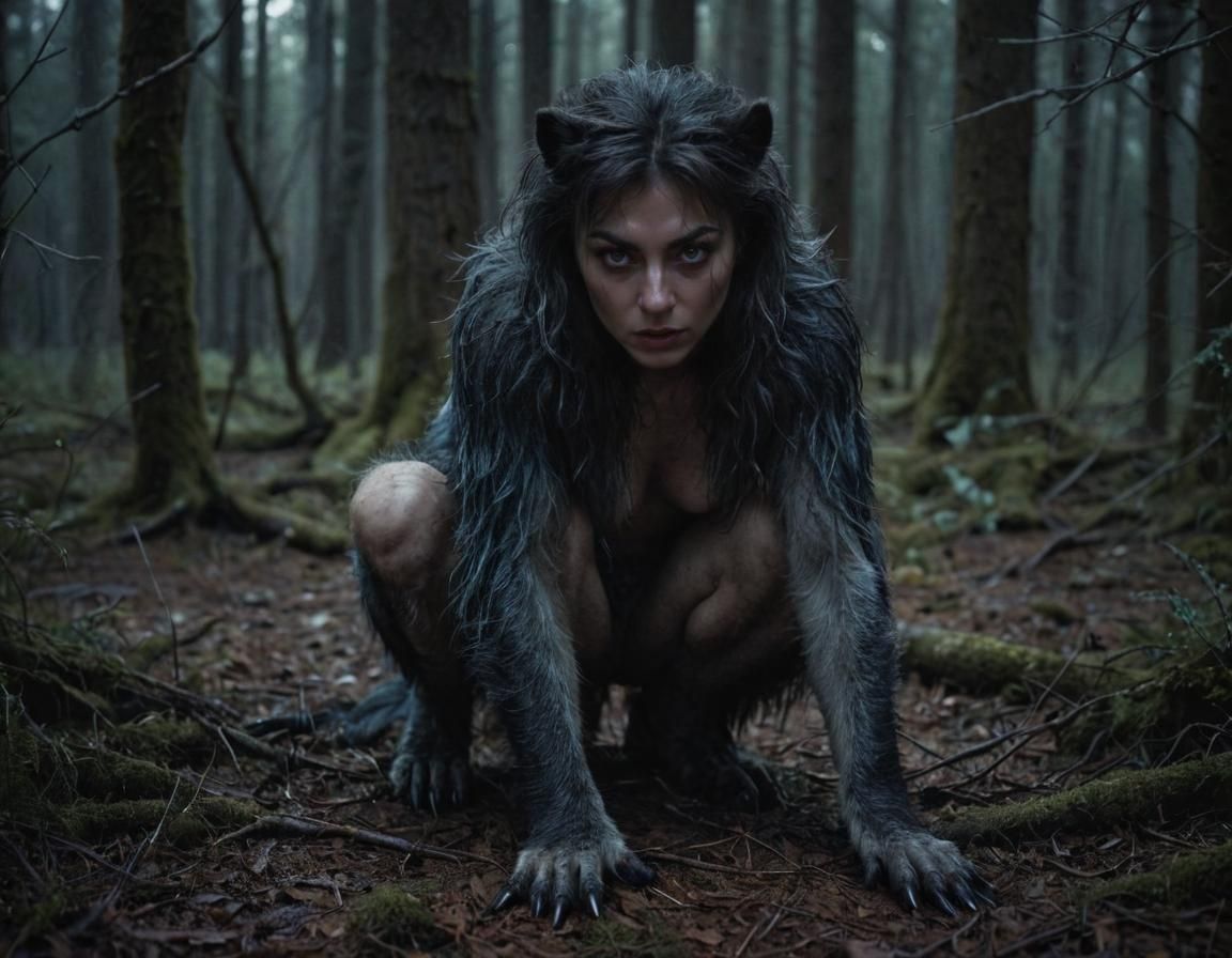 Female Werewolf in Moody Film Noir Forest Scene