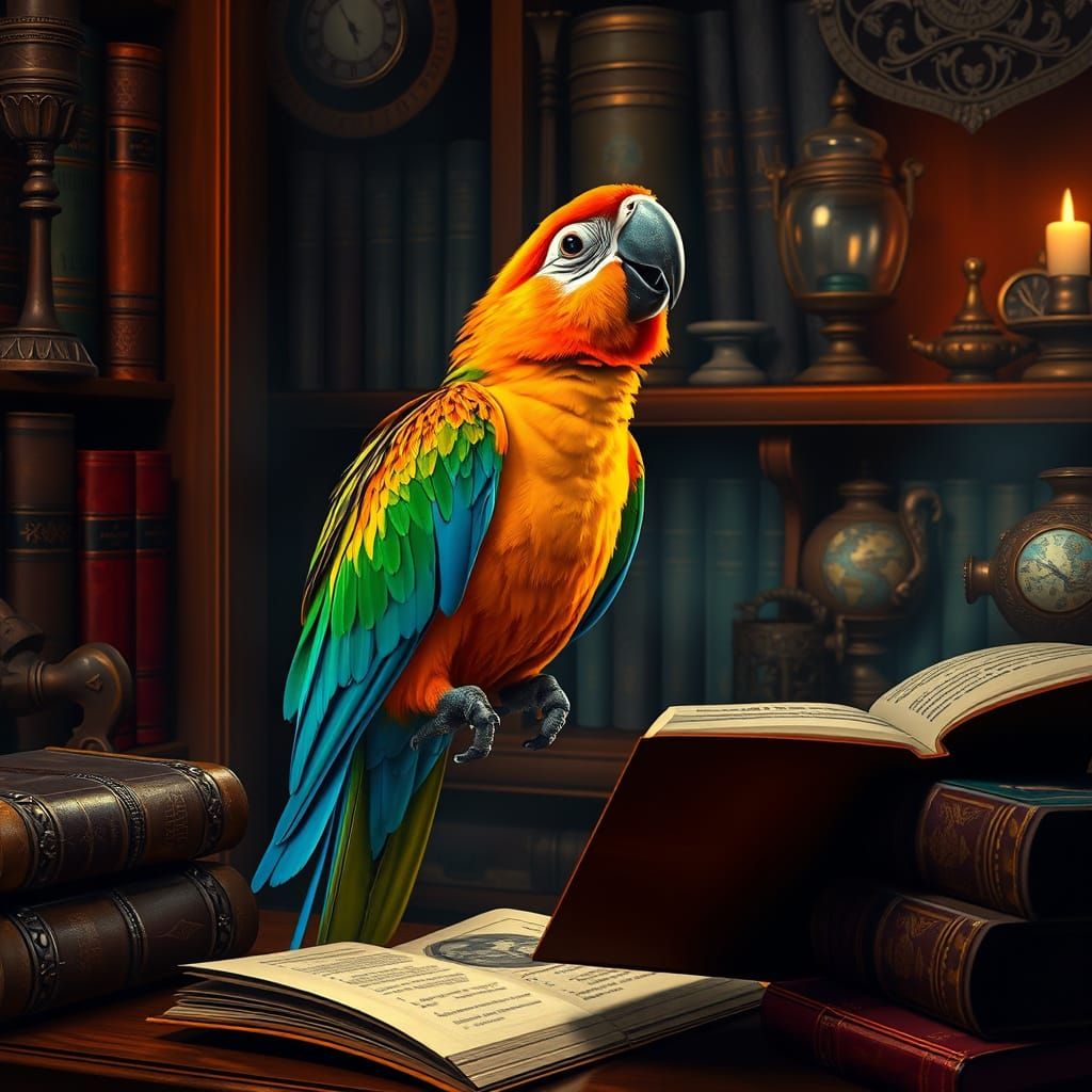Harmonious Parrot in Ornate Study