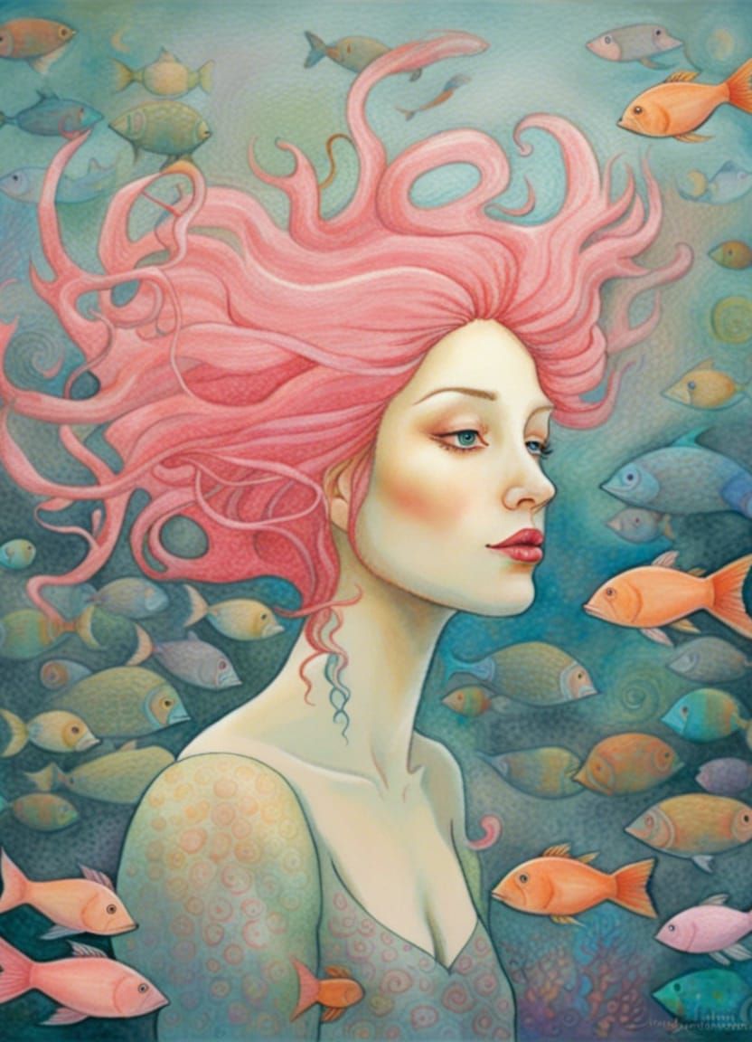 Beautiful woman surrounded with fishes ๐