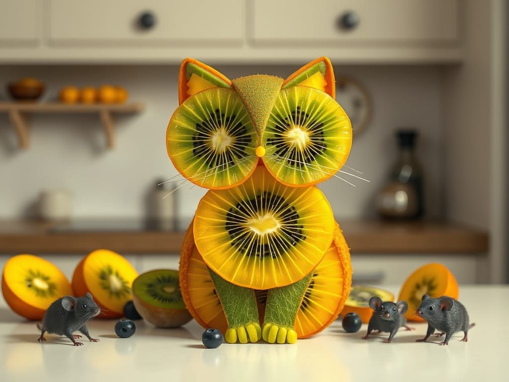 Whimsical Kiwi Cat with Blueberry Mice in Bright Still Life