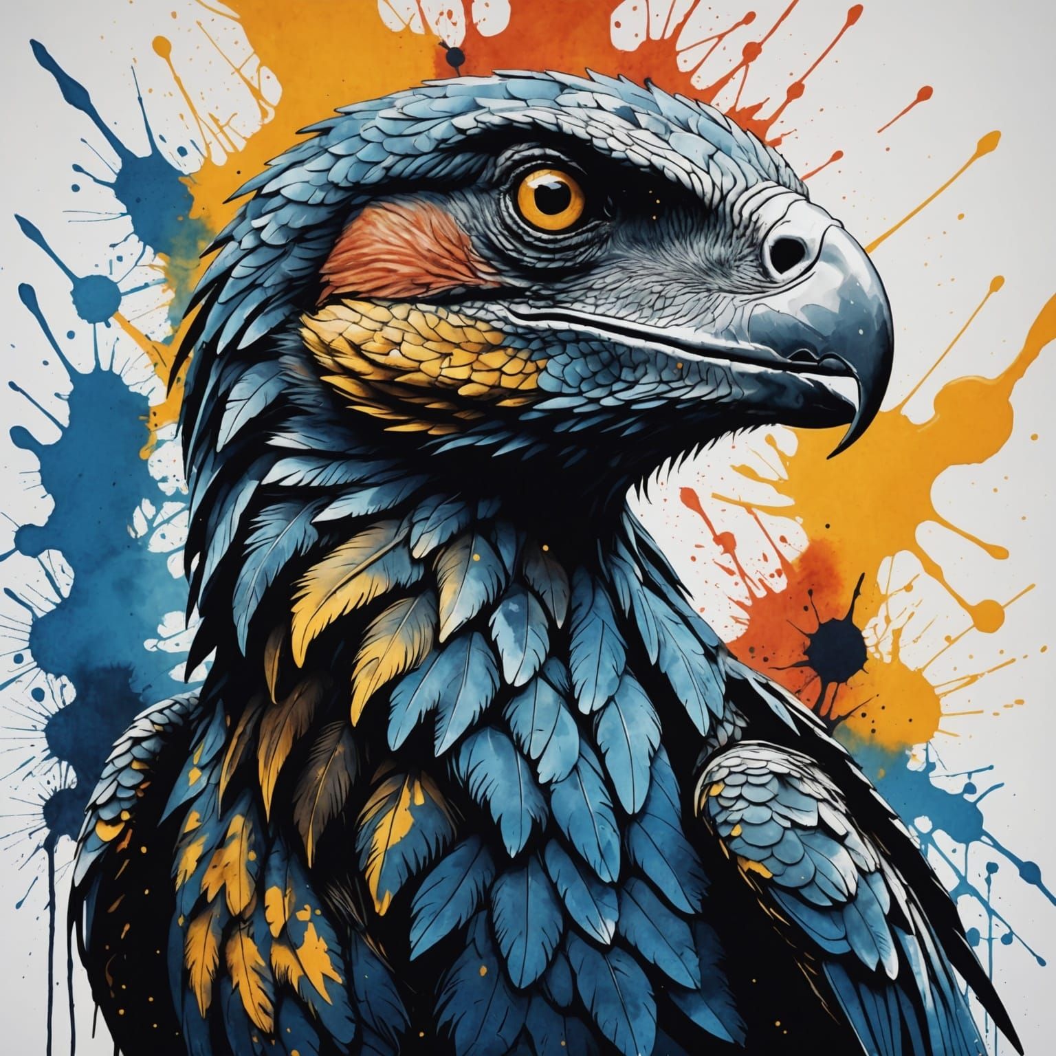 Raptor Portrait with Ink Splashes in Abstract Art