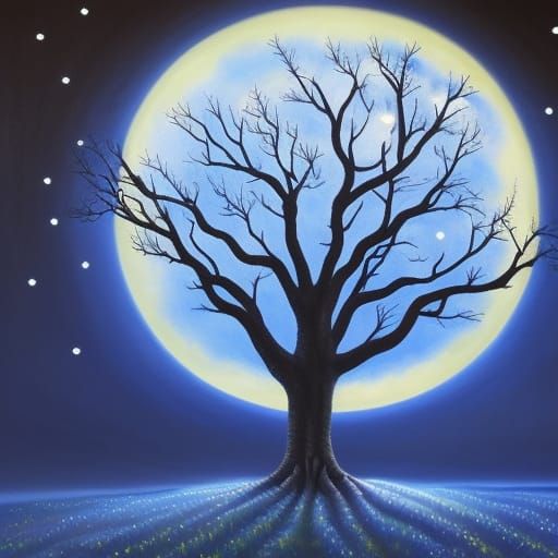 Hyperdetailed Night Tree with Moon and Stars