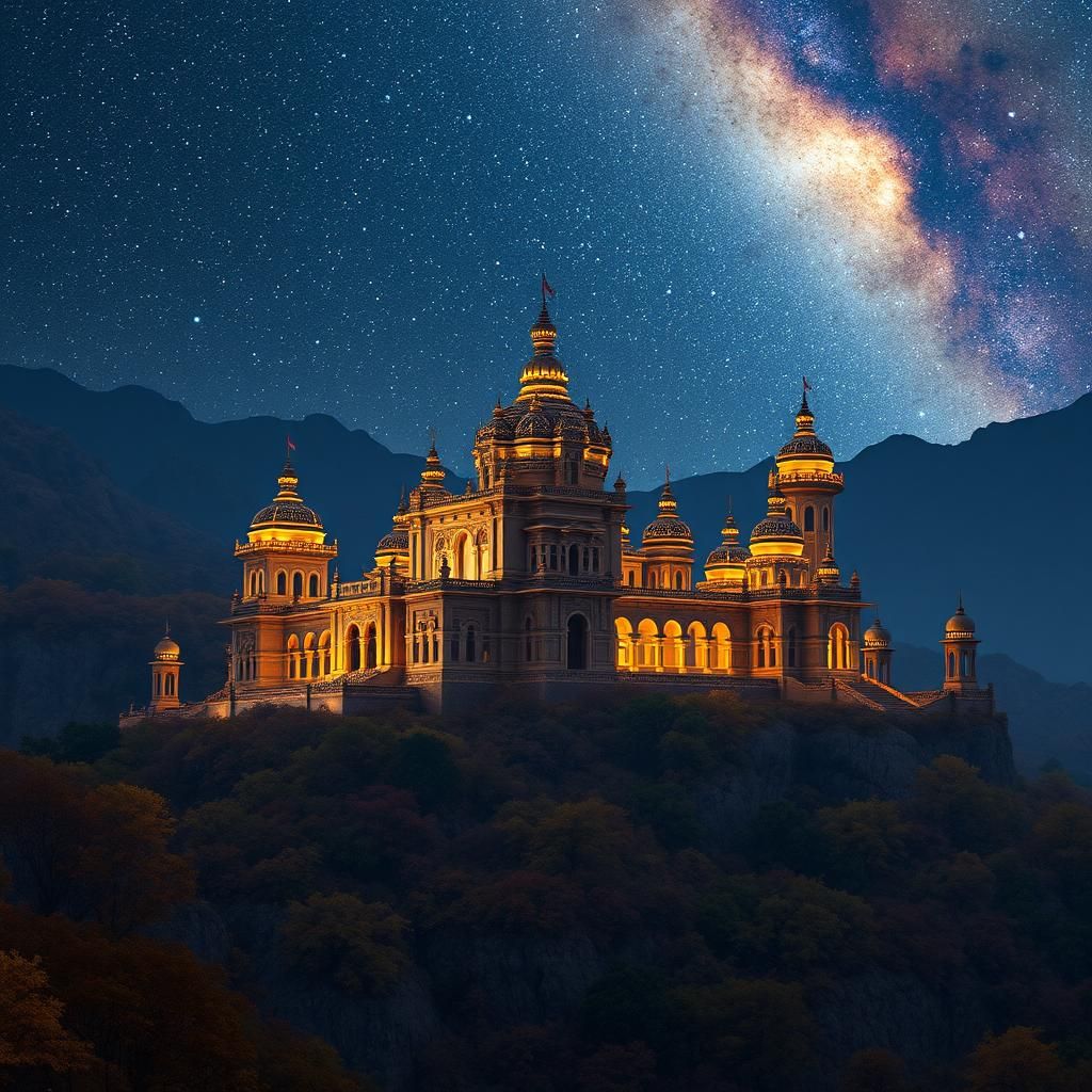 Ethereal Indian Palace Amidst Sahyadri Mountains with the mi...
