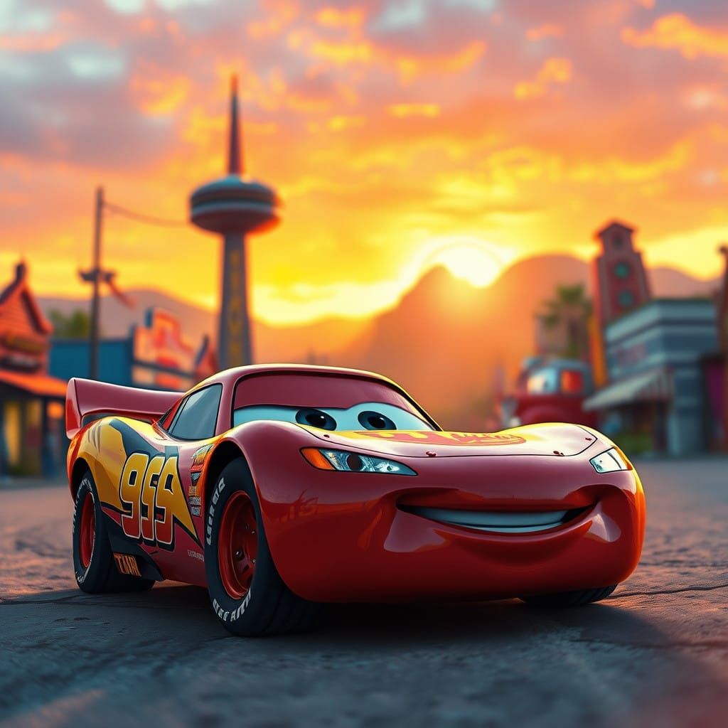 Golden Radiator Springs Sunset with Lightning McQueen
