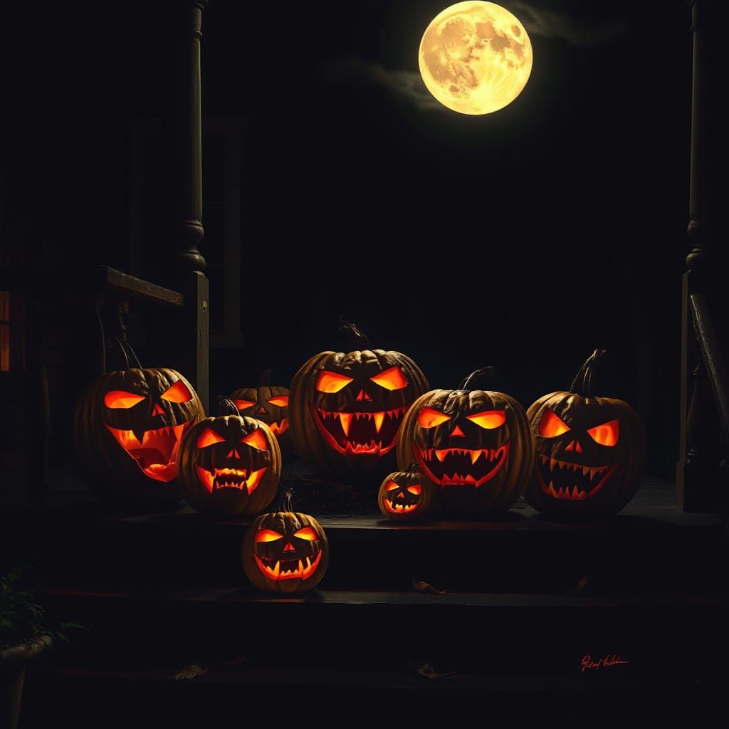Scary Jack O Lanterns on Porch, Gothic Horror Style