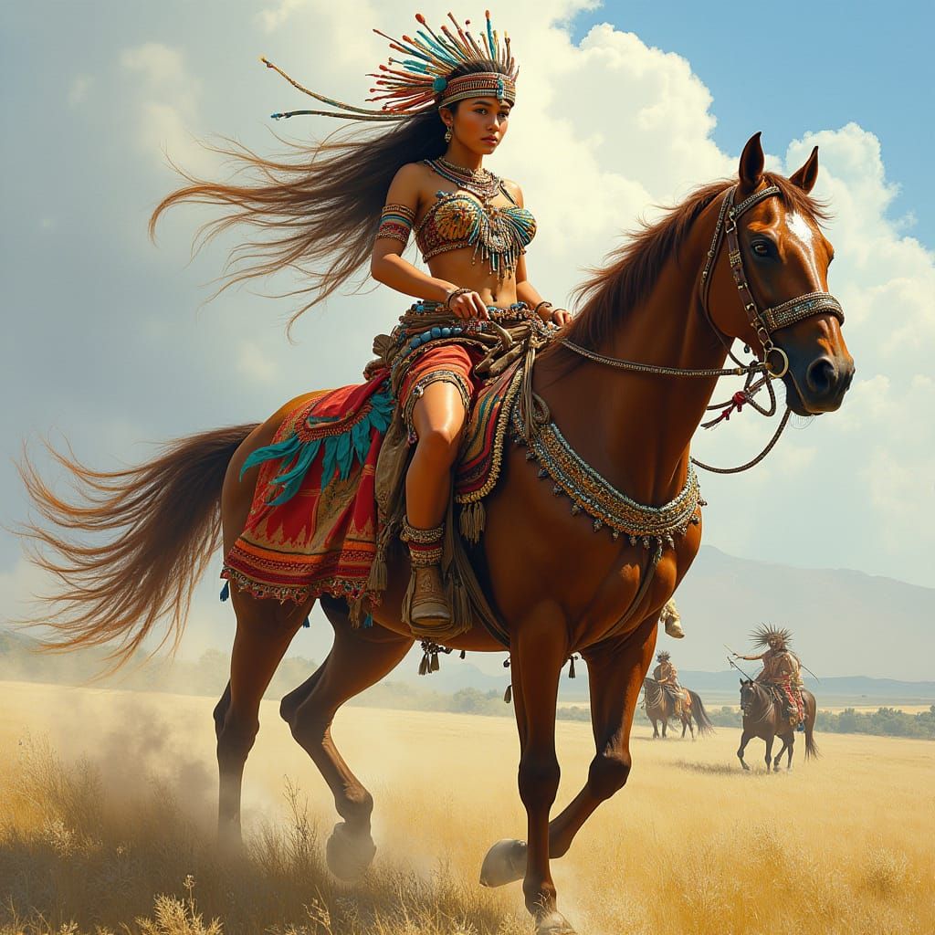 Mayan Queen Riding Majestic Horse in Frazetta Style