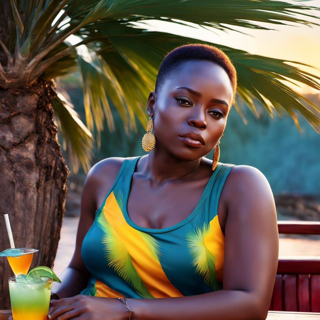 Hyperrealistic Sunset Scene with African Woman under Palm Tr...