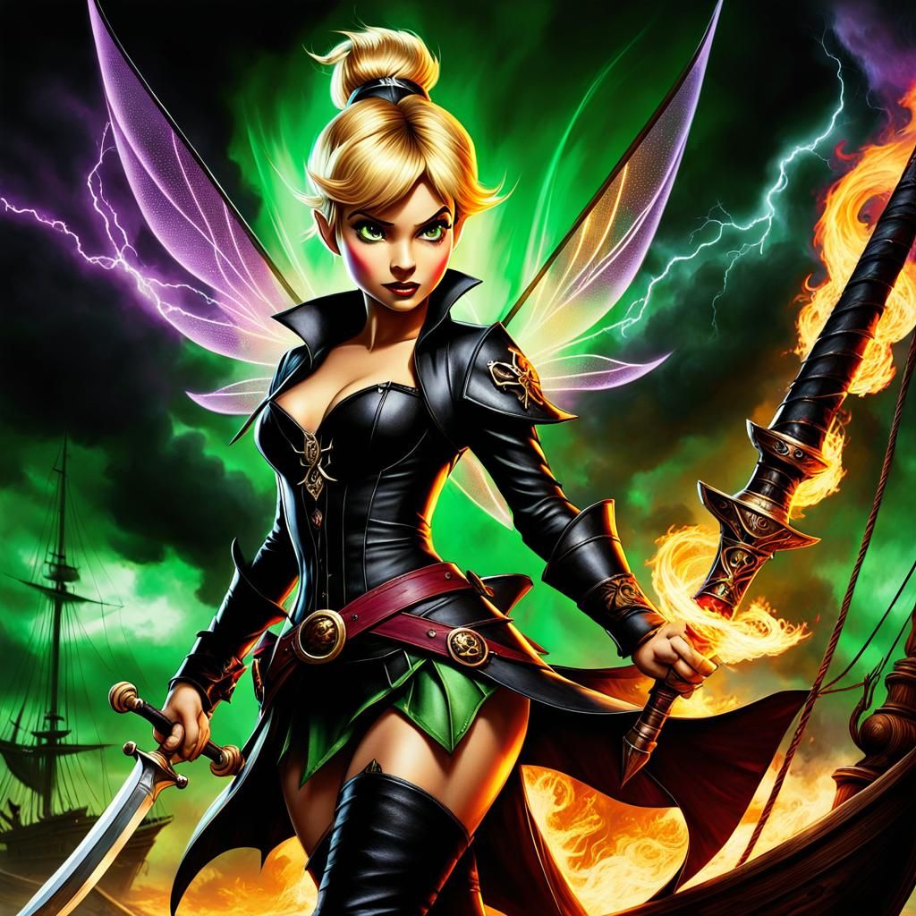 Tinkerbell Battles Captain Hook in Dark Fantasy Style