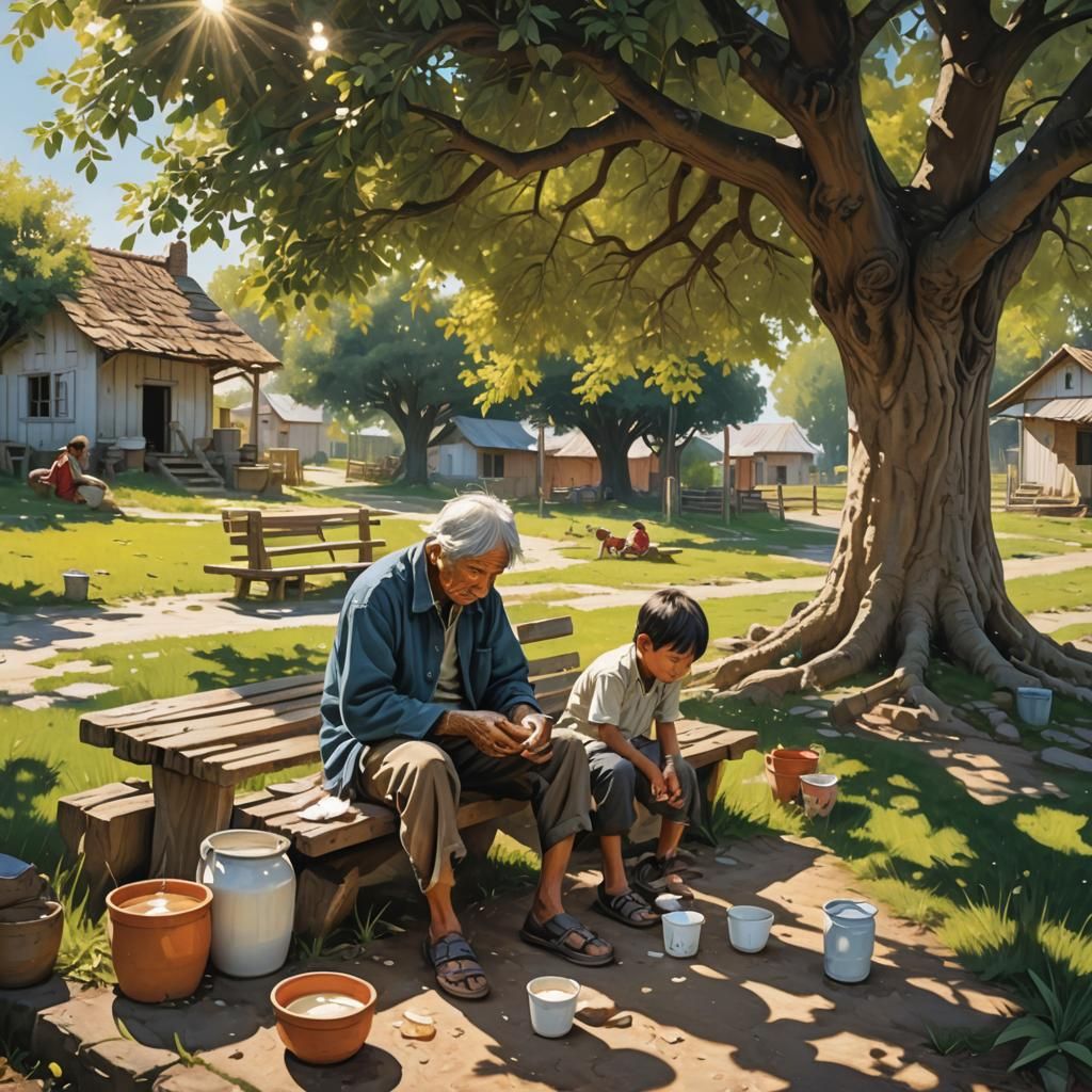 Hyperrealistic Village Scene: Spilled Milk Tears