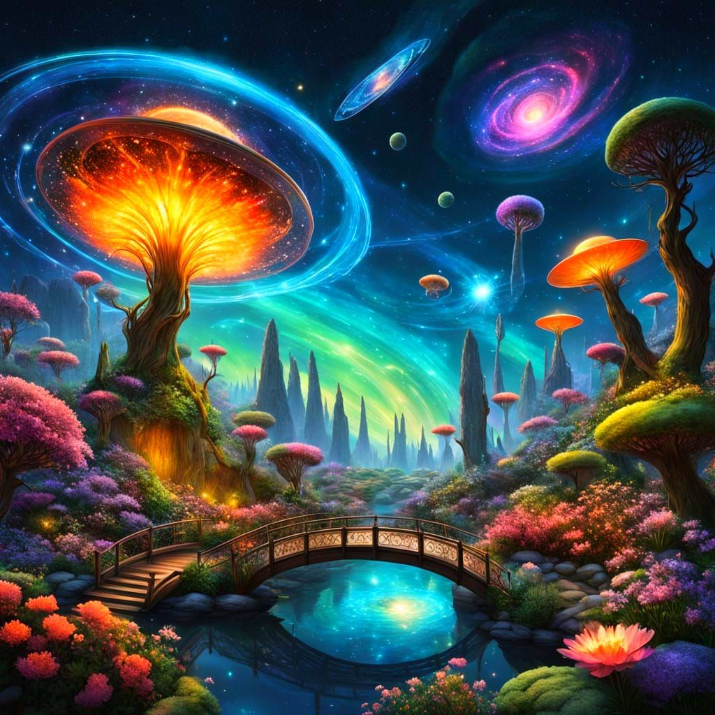 Surreal Celestial Garden Blooms with Galaxies and Nebulae