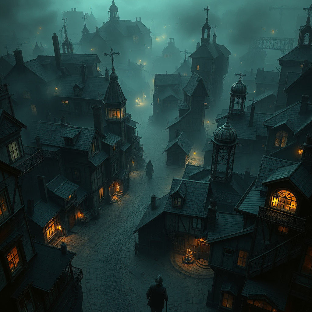 Dimly Lit Fantasy District in Dark Fantasy Style