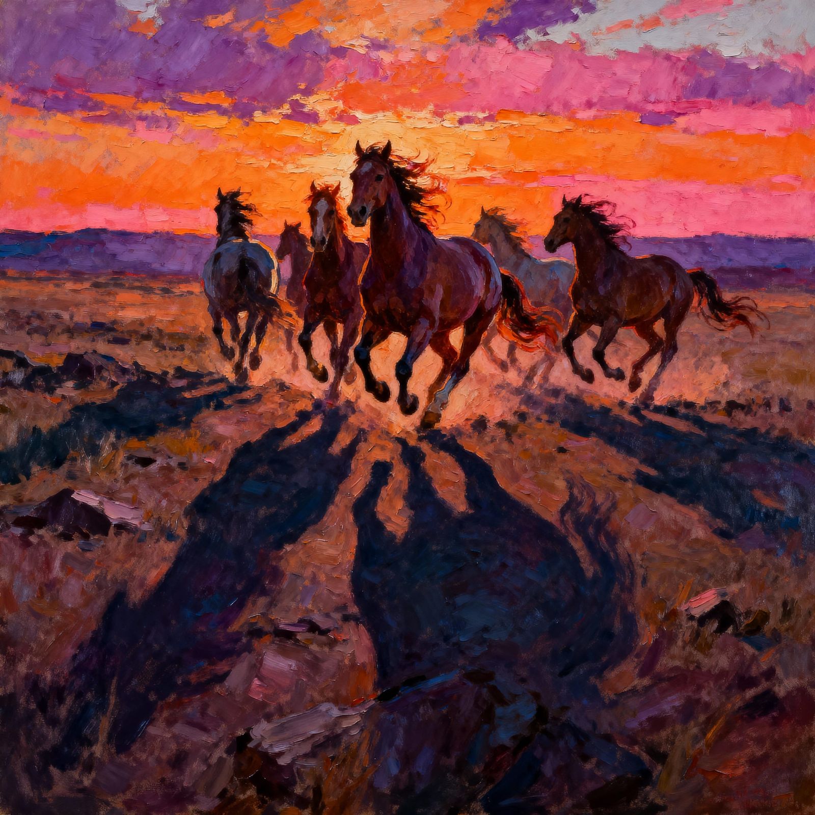 Wild Horses Gallop Through Sunset Landscape