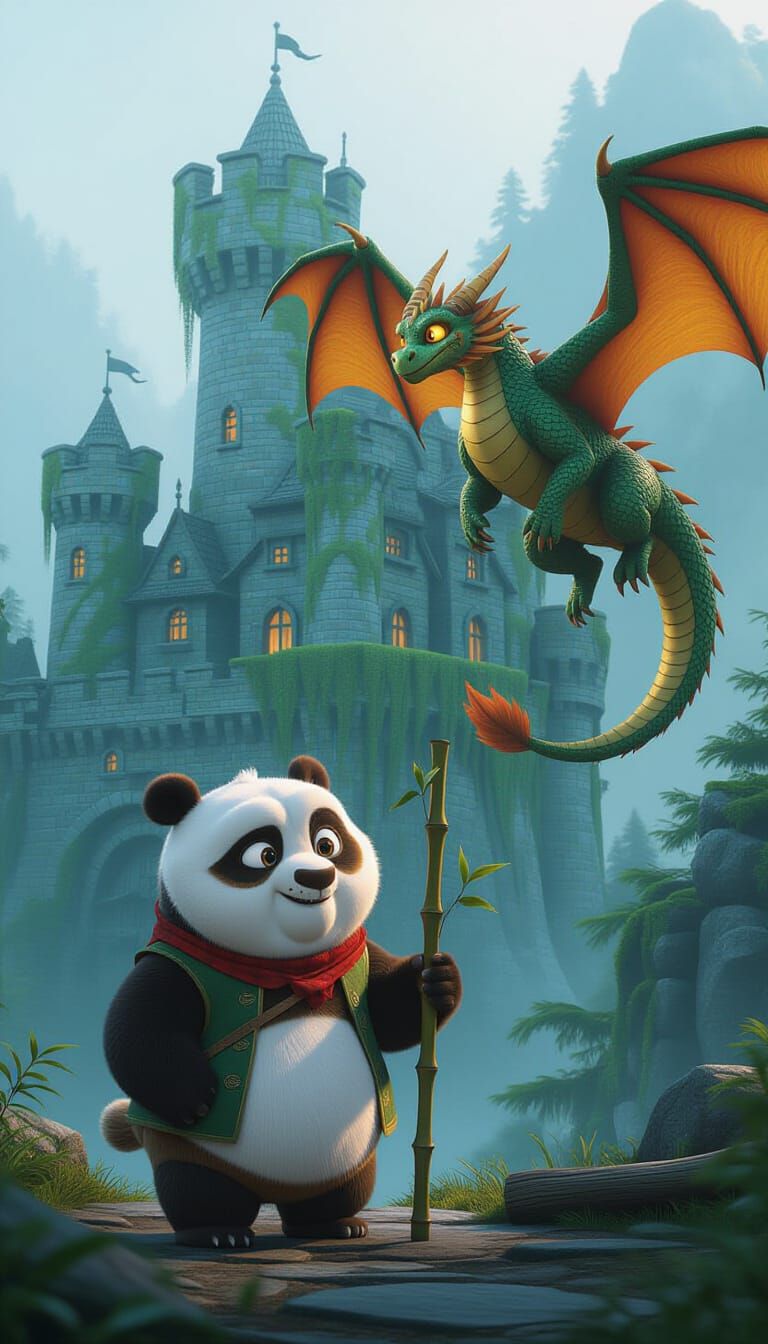 Panda and Dragon at Ancient Castle in Pixar Style