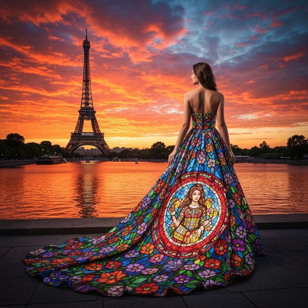 Woman in Stained Glass Gown at Eiffel Tower