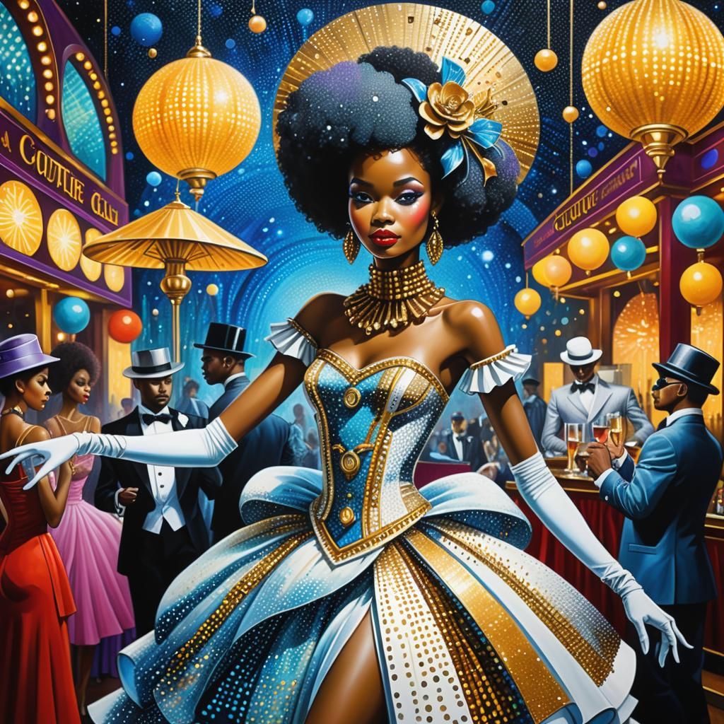 Afrofuturistic Debutante in Dance Club, Pointillism Style