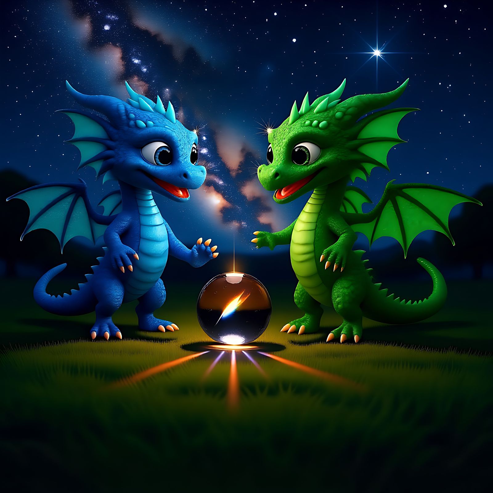 Miniature Dragons Play with Crystal Marble in CGI Style