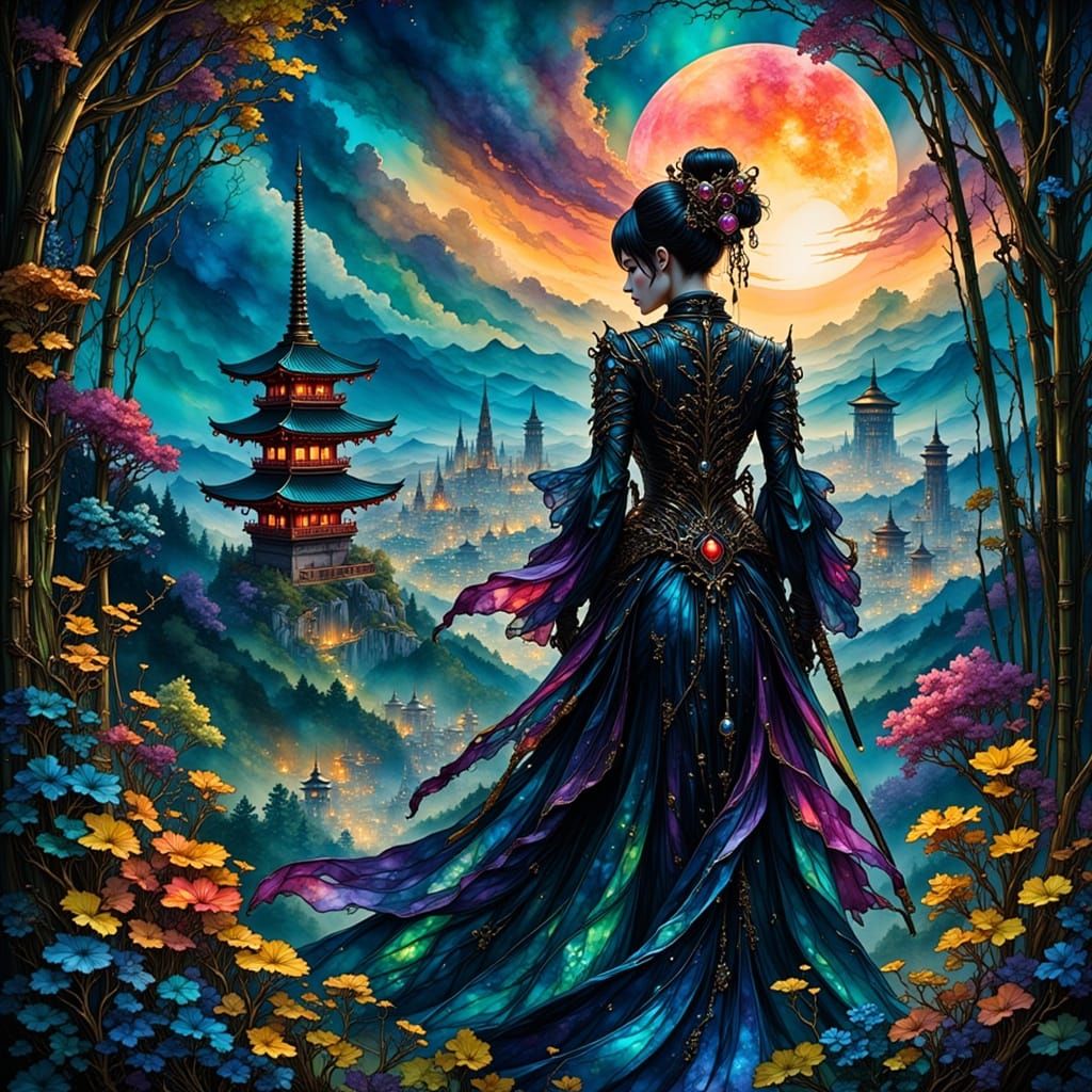 Cybernetic Geisha Overlooking Neon Cityscape