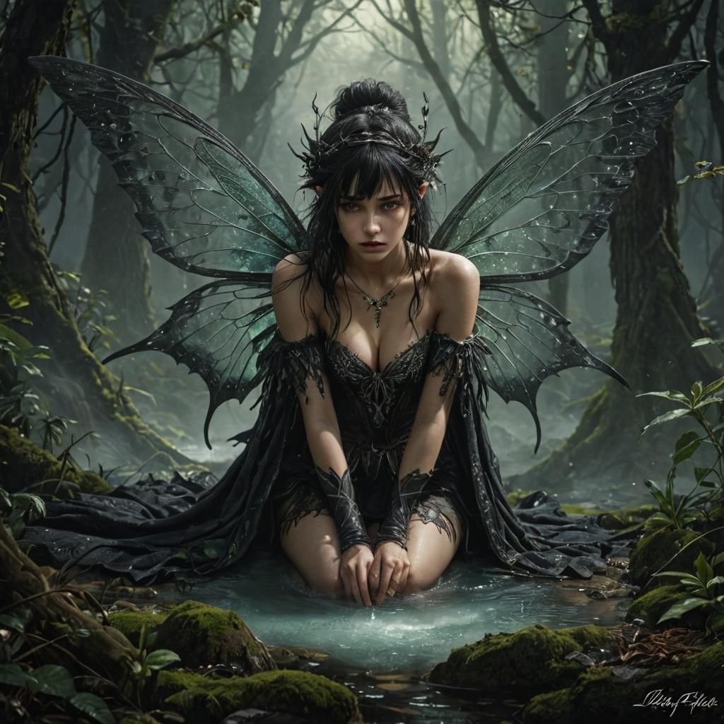 Adorned Pixie Girl Praying in Forest, Dark Fantasy