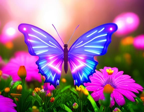 Holographic Butterfly with Neon Wings in 3D