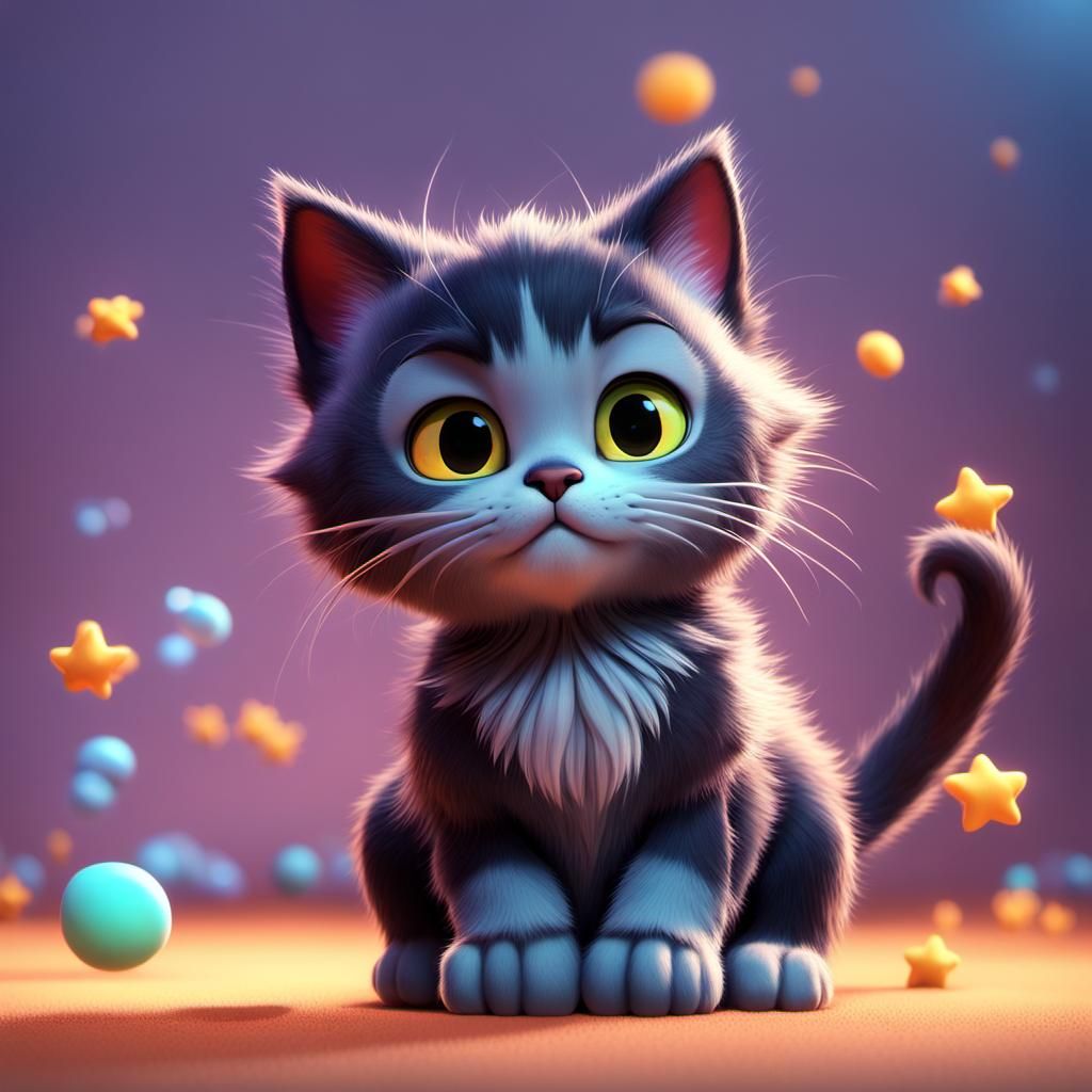 Cute Black Cat with Open Mouth in 3D Anime Art