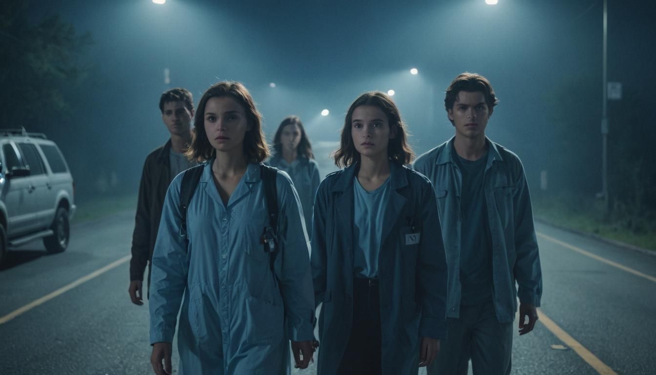 Mystical Night Road Scene with Young Adults