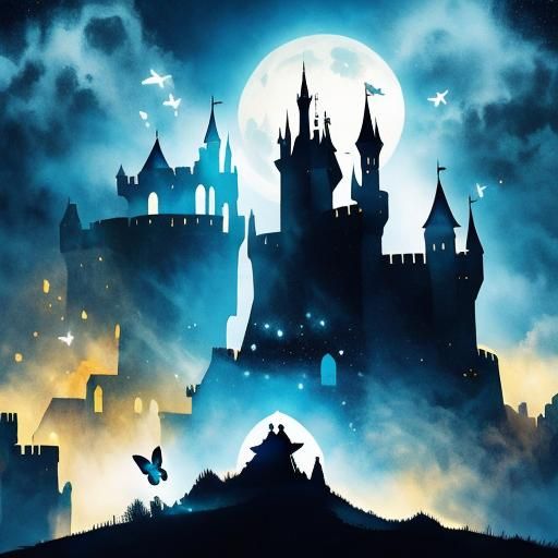 Fairy, Moon, and Castle Double Exposure Art