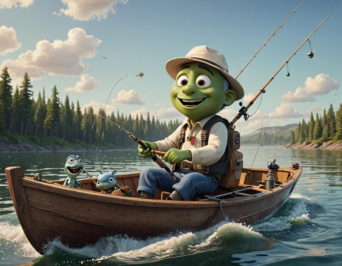 Zip Fishing in Boat, Pixar Style Animation