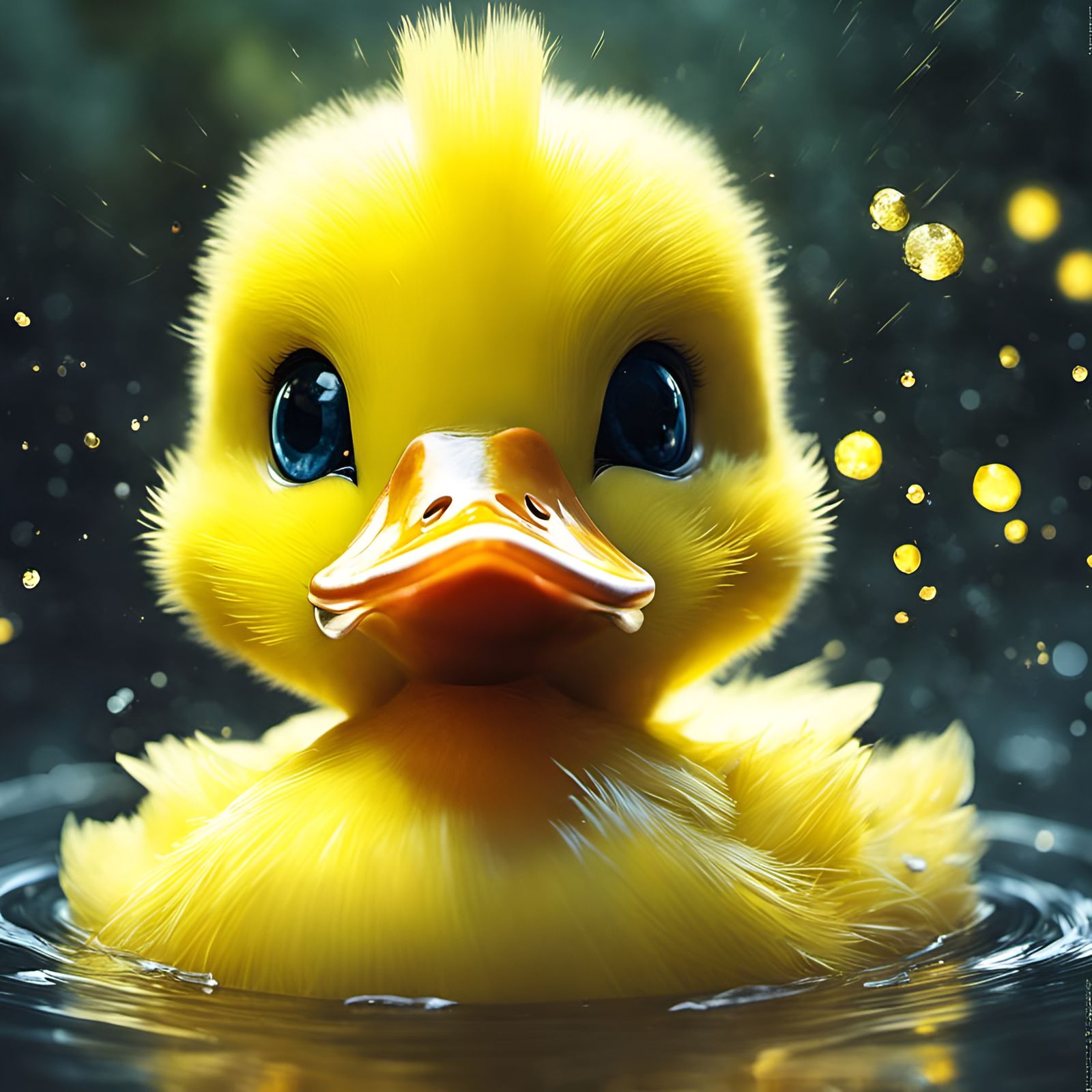 Chibi Duckling in River with Fireflies, Digital Art