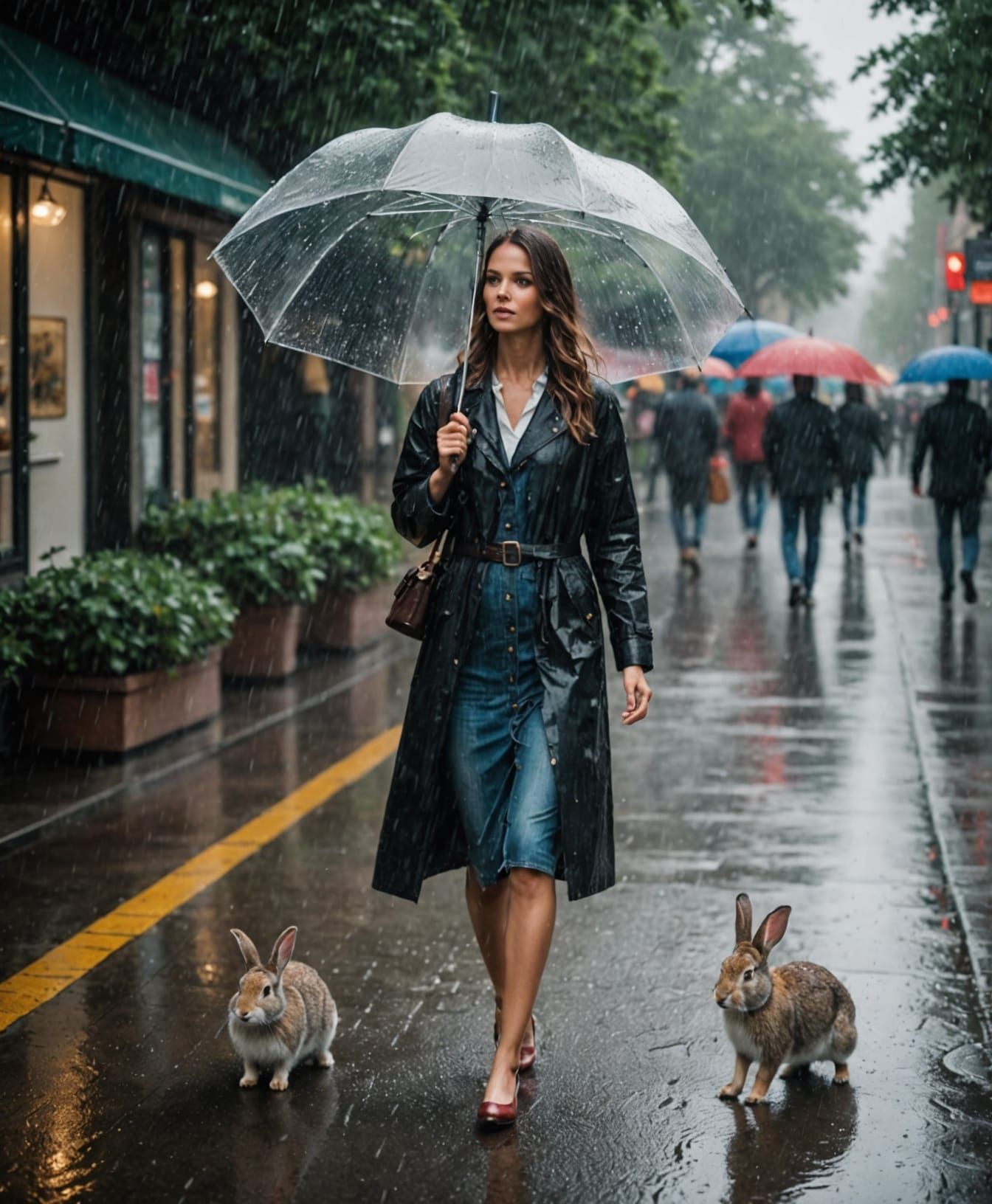 Woman Walking in Rain Accompanied by Rabbits