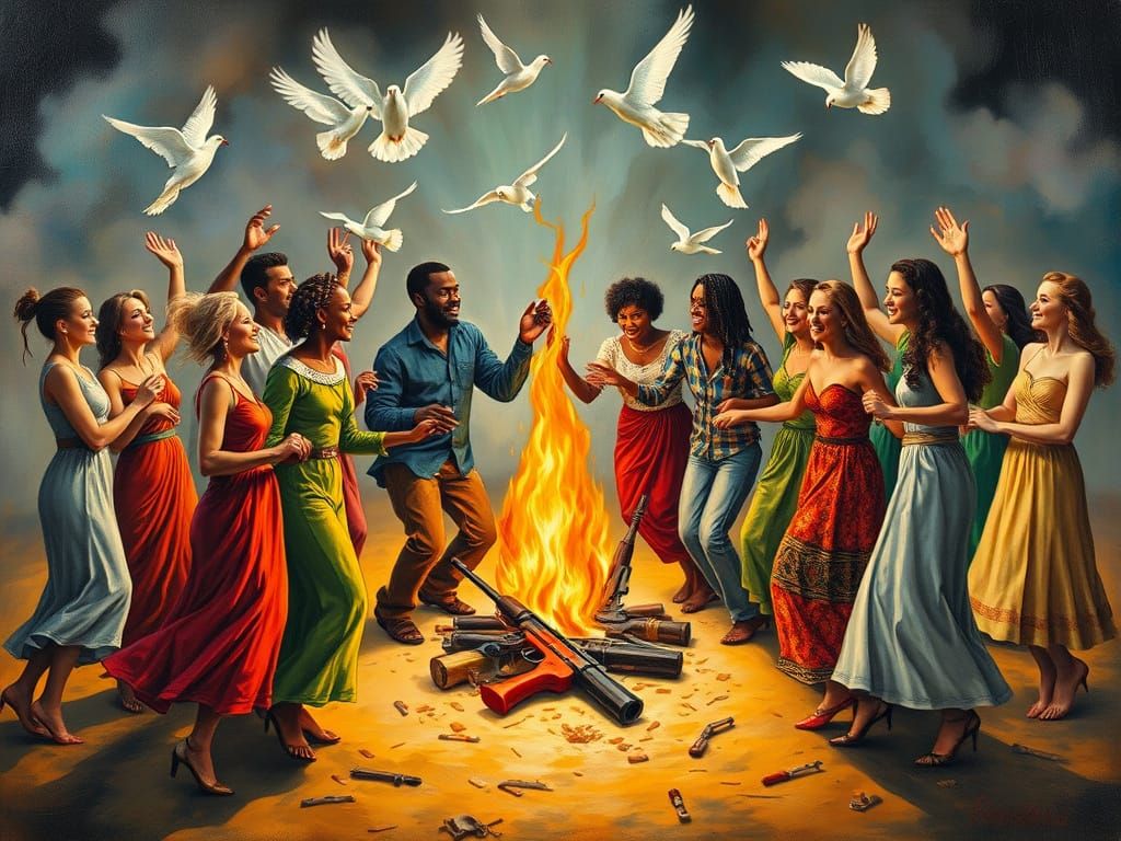 Diverse People Dancing Around Bonfire of Peace